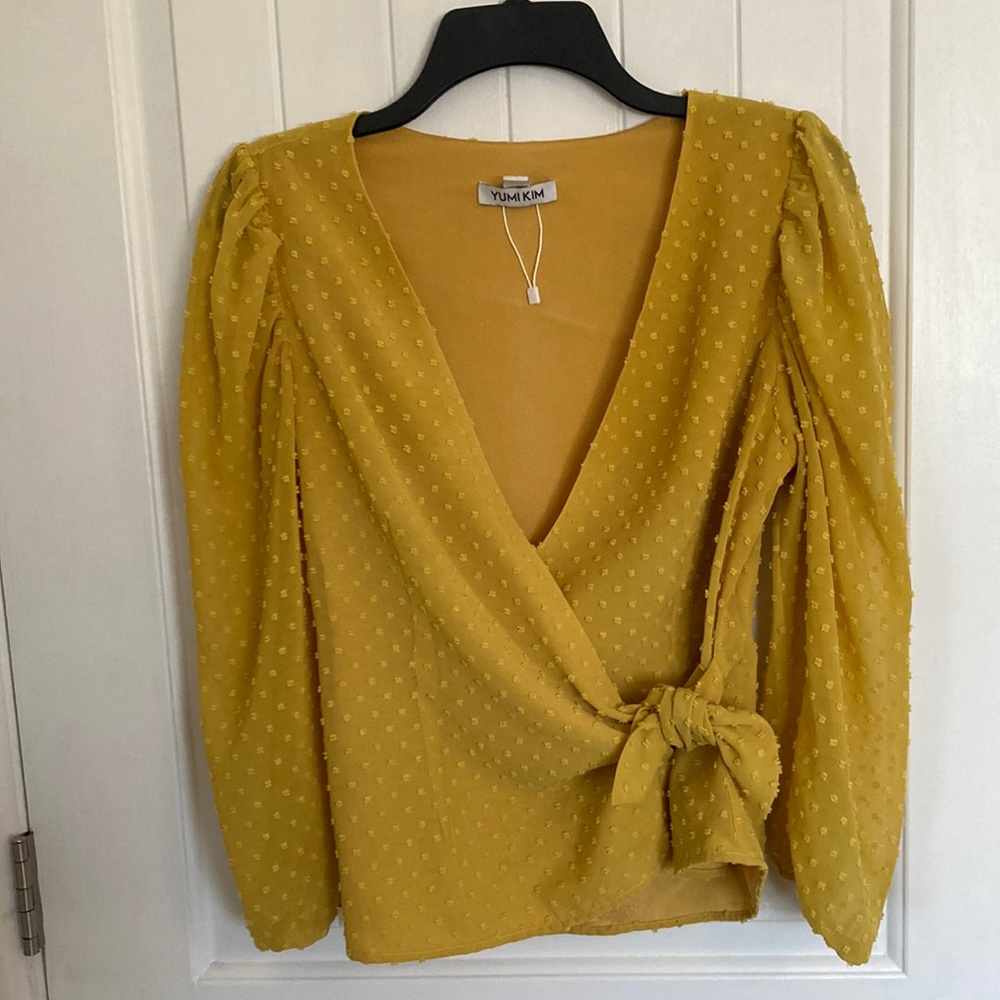 Yumi Kim Yellow Polka Dot Wrap Blouse 3/4 Sleeves